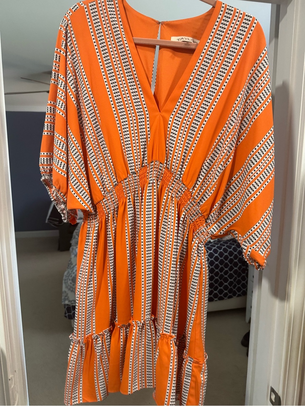 Taylor Orange Striped V‑Neck Tiered Women's Dress